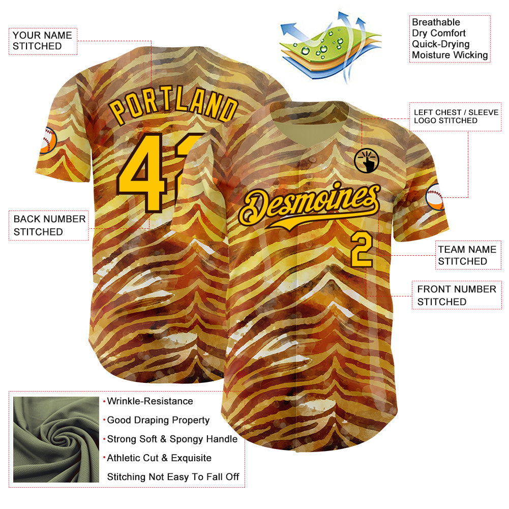 Custom Brown-Yellow Zebra Stripe Print Authentic Baseball Jersey view 3