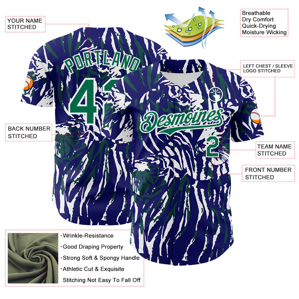 Custom Blue Kelly Green-White Tiger Stripe Print Authentic Baseball Jersey view 3