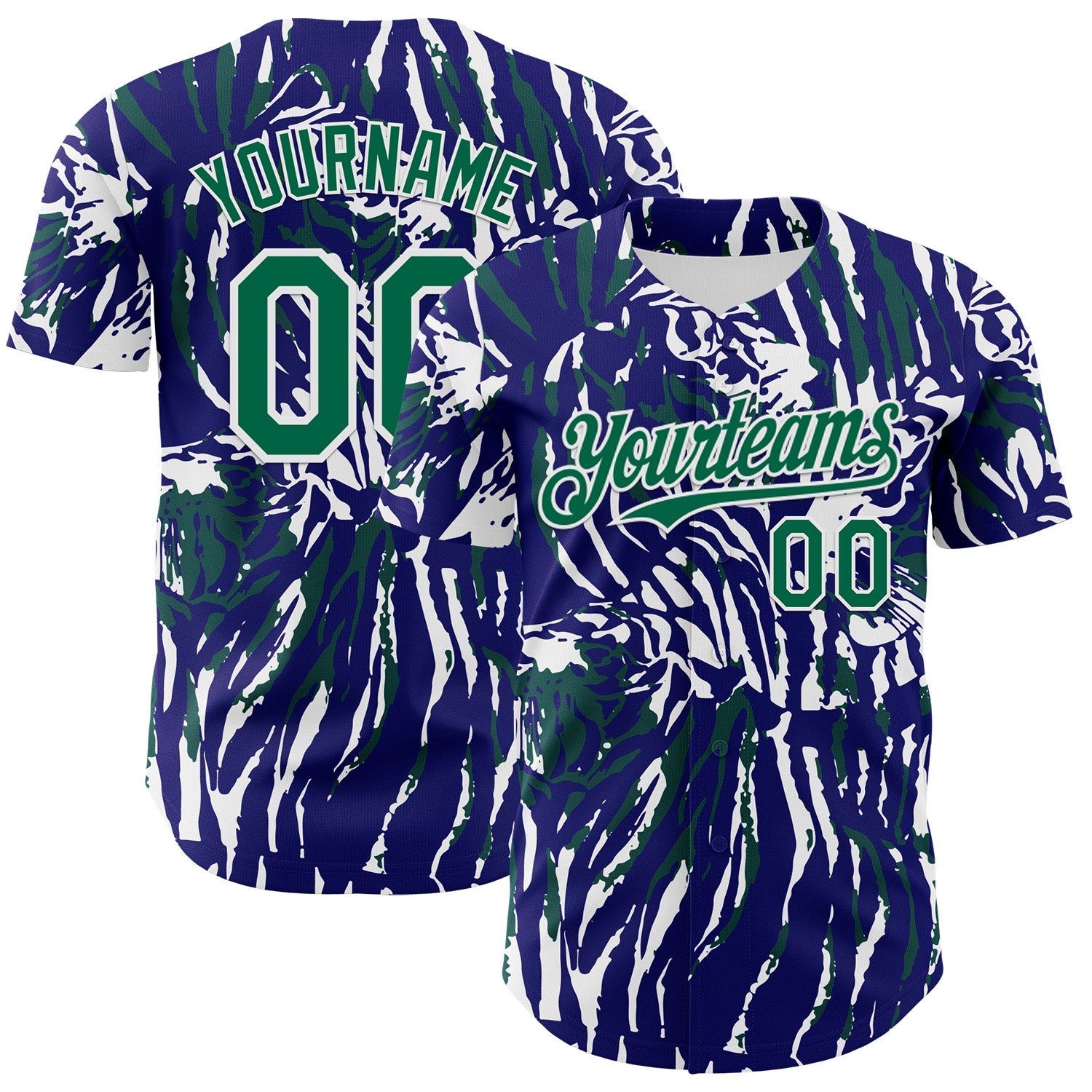 Custom Blue Kelly Green-White Tiger Stripe Print Authentic Baseball Jersey - Main View