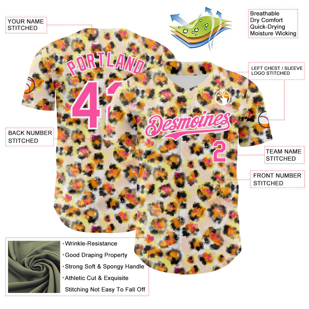 Custom Cream Pink-White Leopard Print Authentic Baseball Jersey view 3