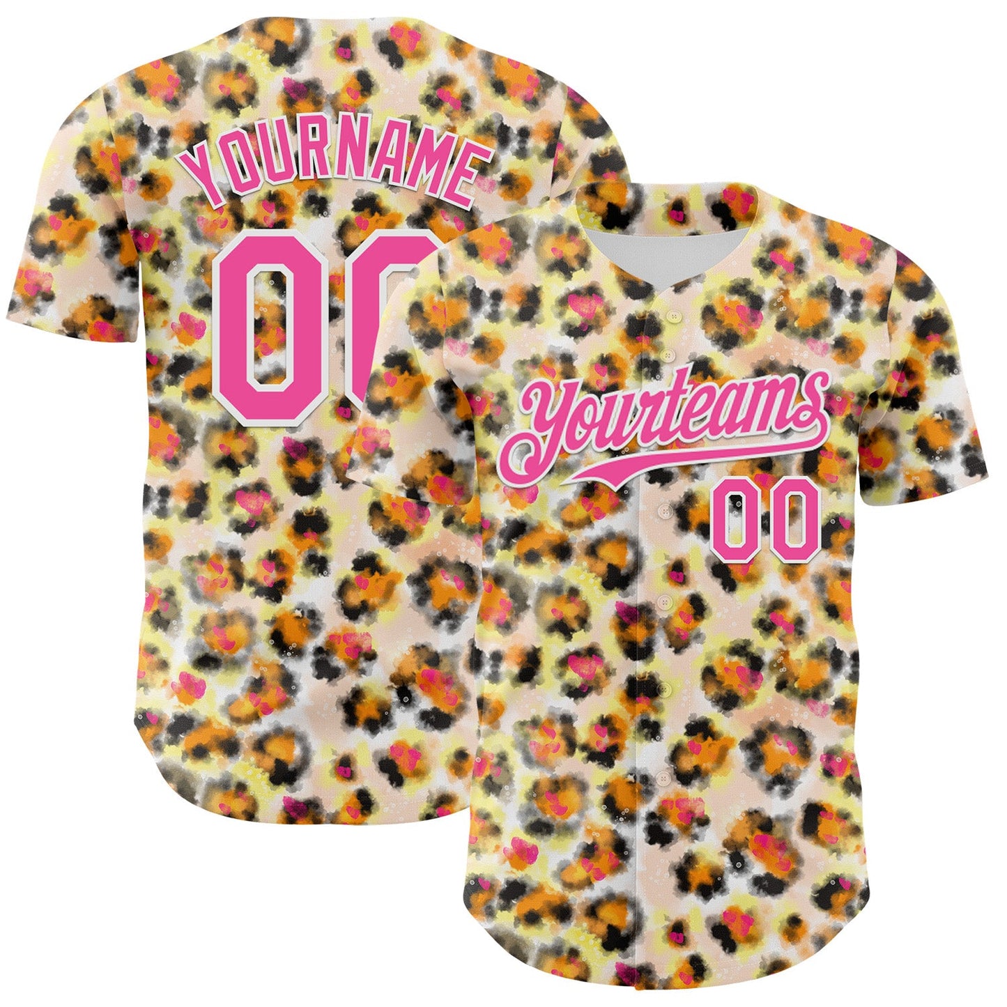 Custom Cream Pink-White Leopard Print Authentic Baseball Jersey - Main View