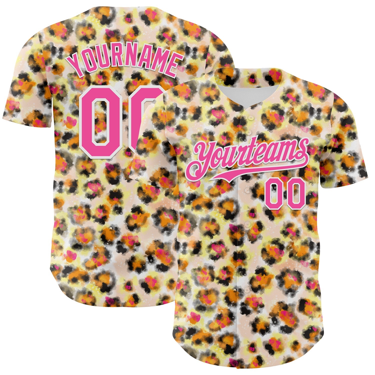 Custom Cream Pink-White Leopard Print Authentic Baseball Jersey - Main View