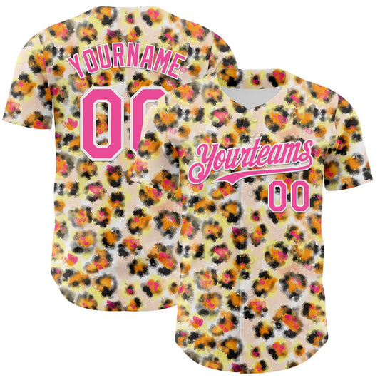 Custom Cream Pink-White Leopard Print Authentic Baseball Jersey - Main View