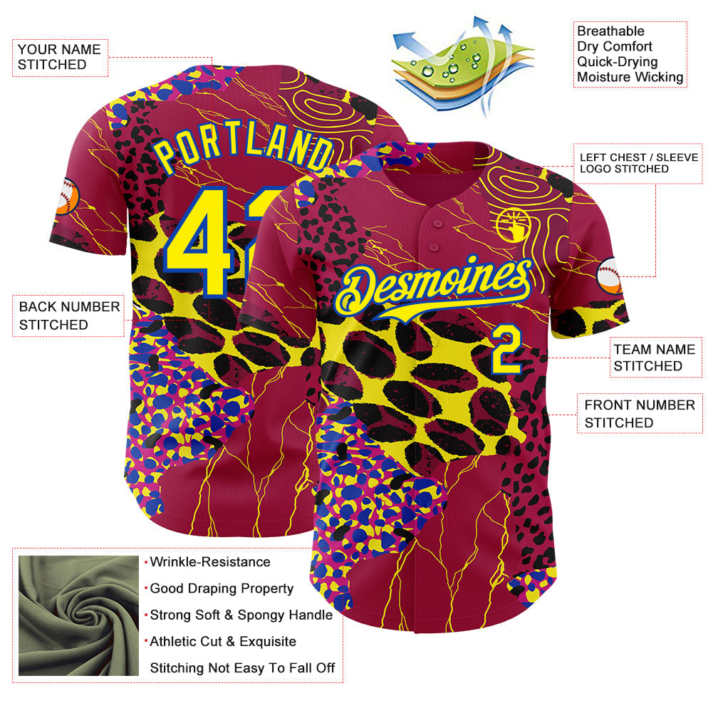 Custom Red Light Yellow-Thunder Blue Leopard Print Authentic Baseball Jersey view 3