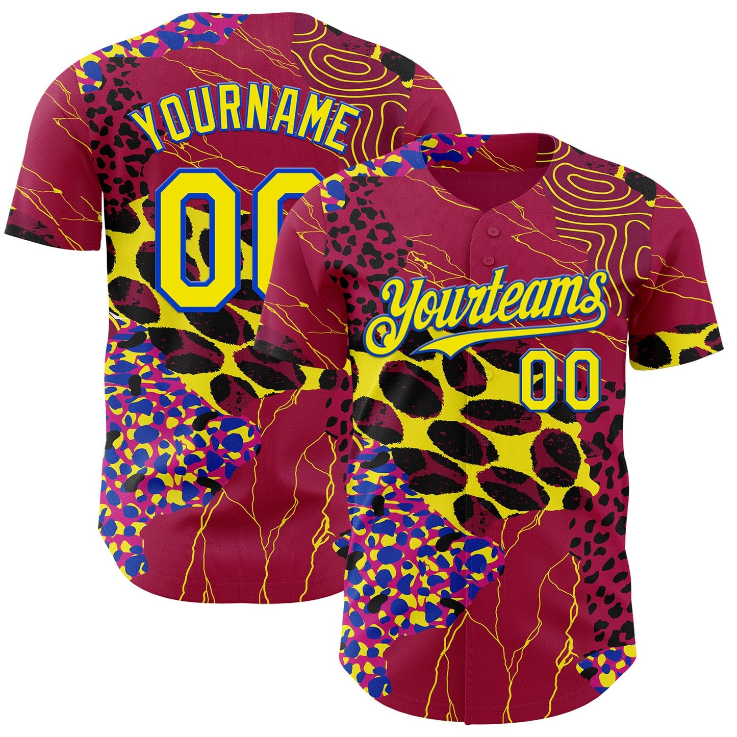 Custom Red Light Yellow-Thunder Blue Leopard Print Authentic Baseball Jersey - Main View