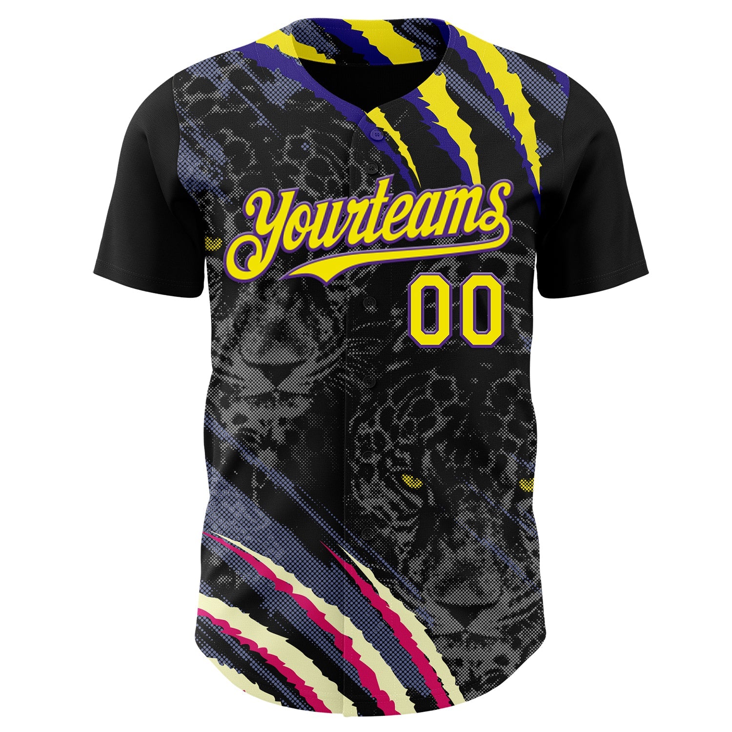 Custom Black Light Yellow-Purple Leopard Print Scratch Authentic Baseball Jersey view 2