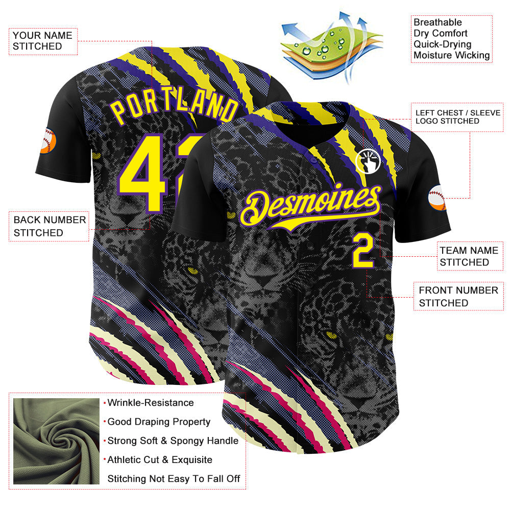 Custom Black Light Yellow-Purple Leopard Print Scratch Authentic Baseball Jersey view 3