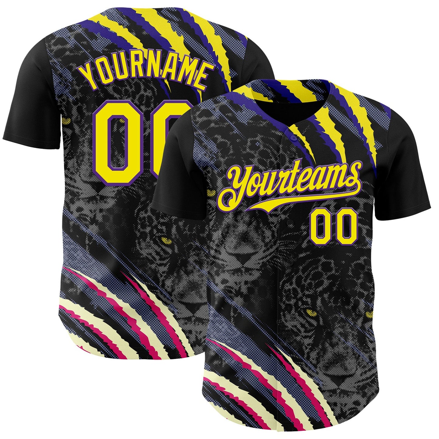 Custom Black Light Yellow-Purple Leopard Print Scratch Authentic Baseball Jersey - Main View