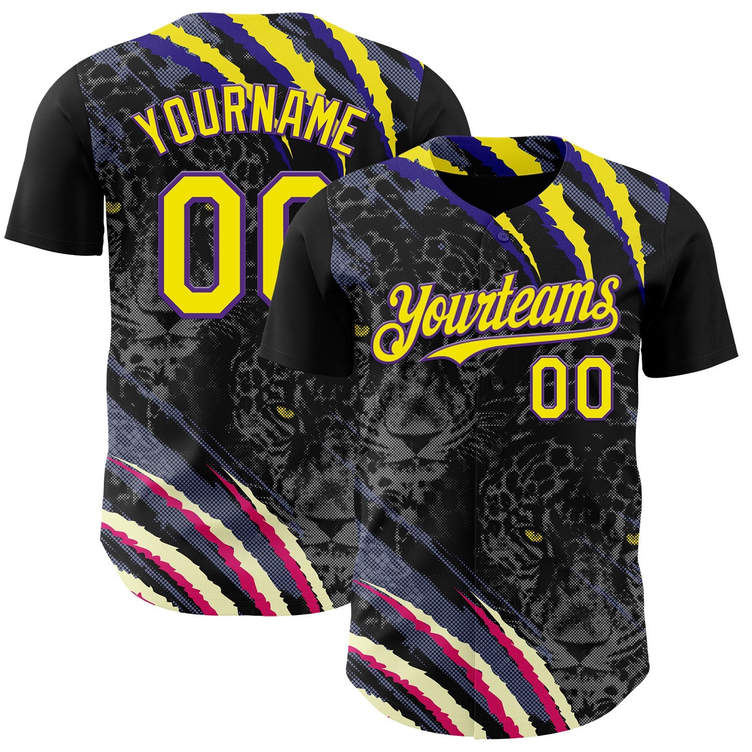 Custom Black Light Yellow-Purple Leopard Print Scratch Authentic Baseball Jersey - Main View