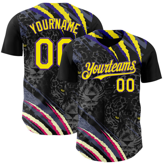 Custom Black Light Yellow-Purple Leopard Print Scratch Authentic Baseball Jersey - Main View
