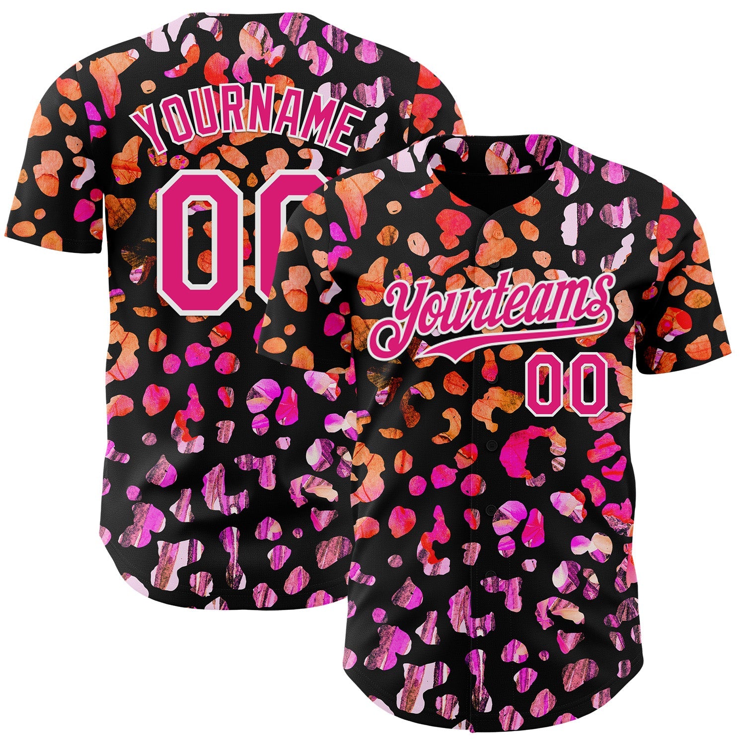 Custom Black Hot Pink-White Leopard Print Authentic Baseball Jersey - Main View