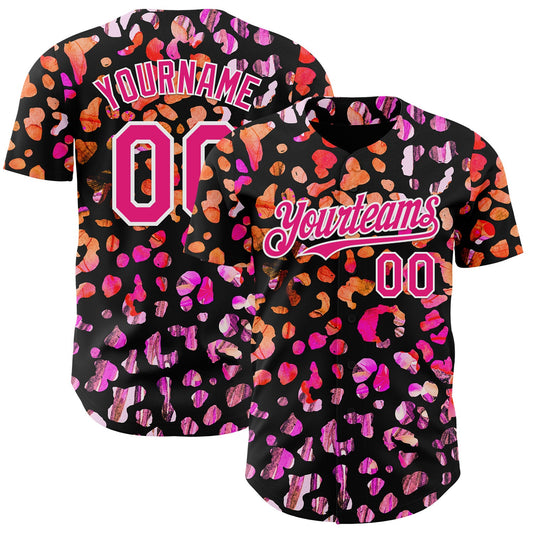 Custom Black Hot Pink-White Leopard Print Authentic Baseball Jersey - Main View