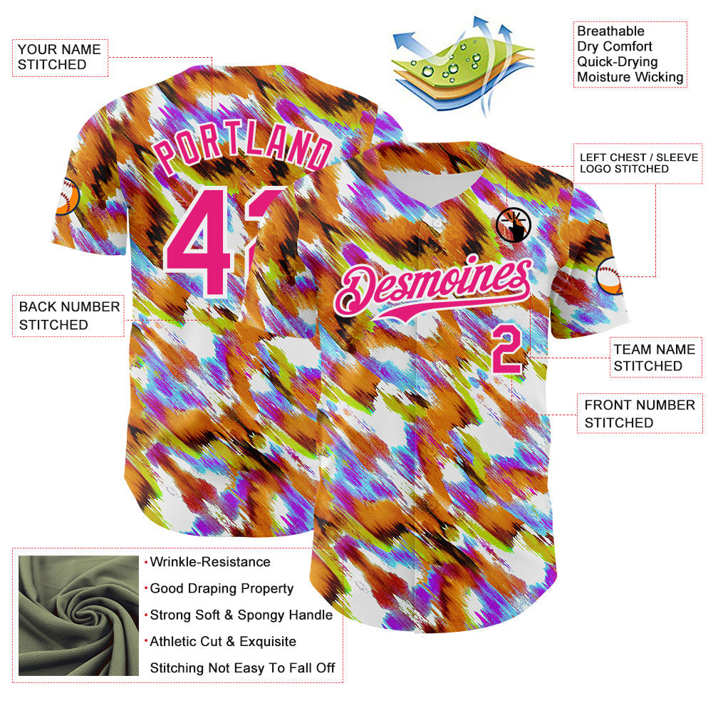 Custom Orange Hot Pink-White Leopard Print Authentic Baseball Jersey view 3