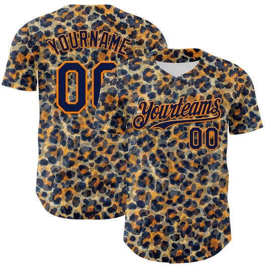 Custom Blue Navy-Bay Orange Leopard Print Authentic Baseball Jersey - Main View