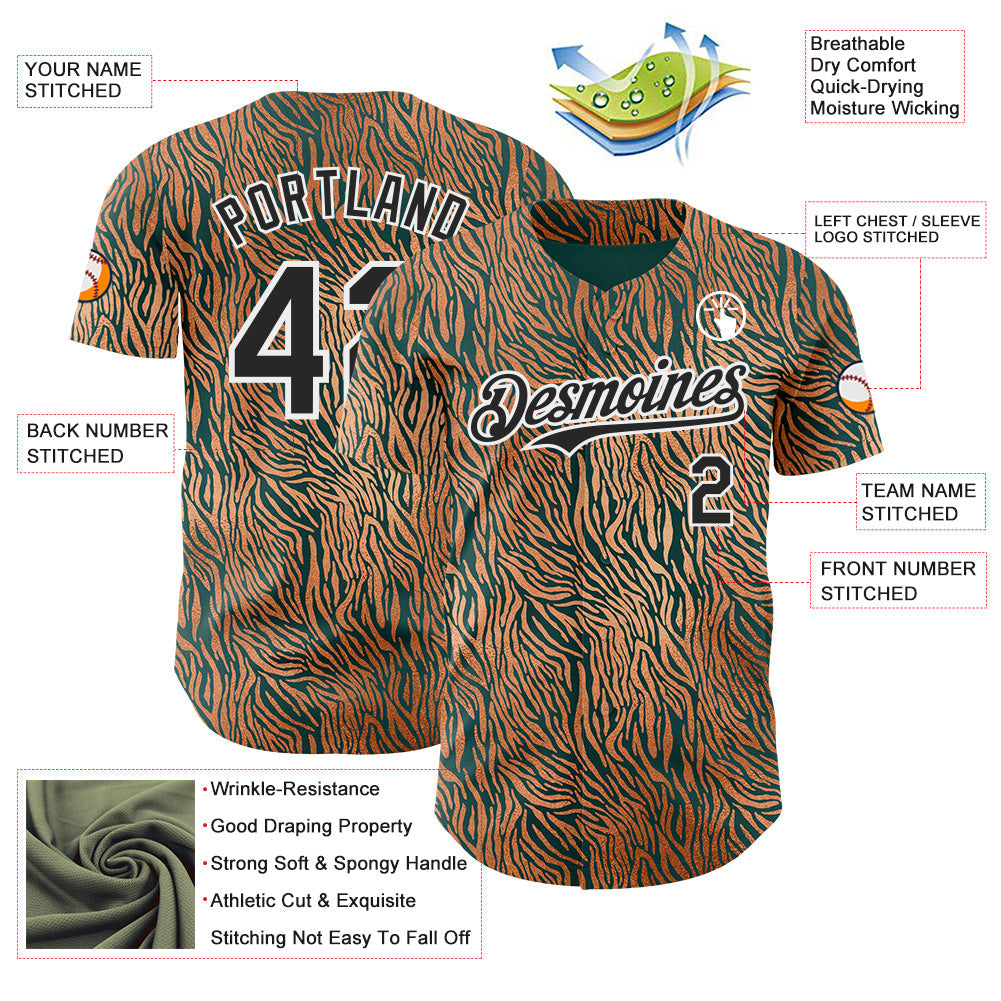 Custom Brown Black Green-White Zebra Stripe Print Authentic Baseball Jersey view 3
