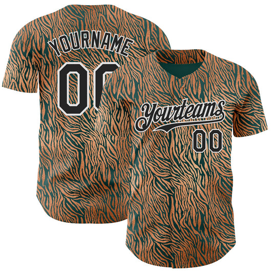 Custom Brown Black Green-White Zebra Stripe Print Authentic Baseball Jersey - Main View