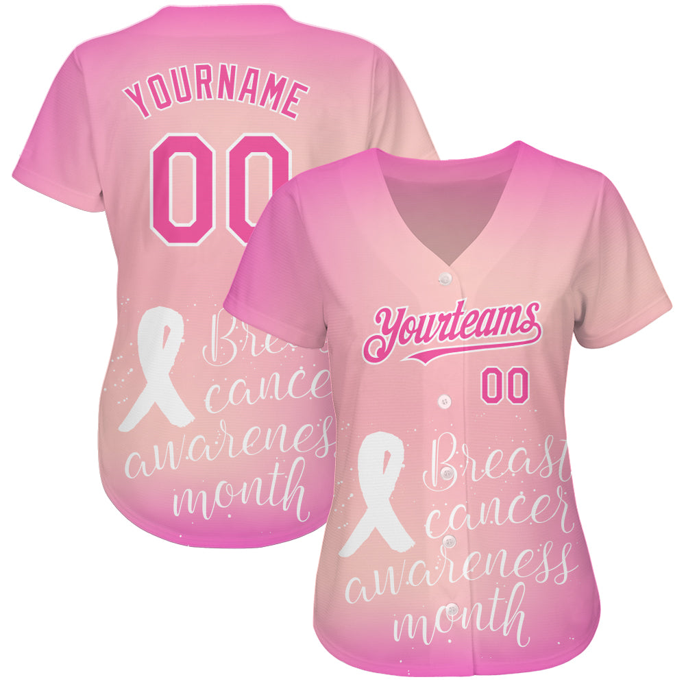 Custom Pink White 3D Pink Ribbon Breast Cancer Awareness Month Women Health Care Support Authentic Baseball Jersey view 2