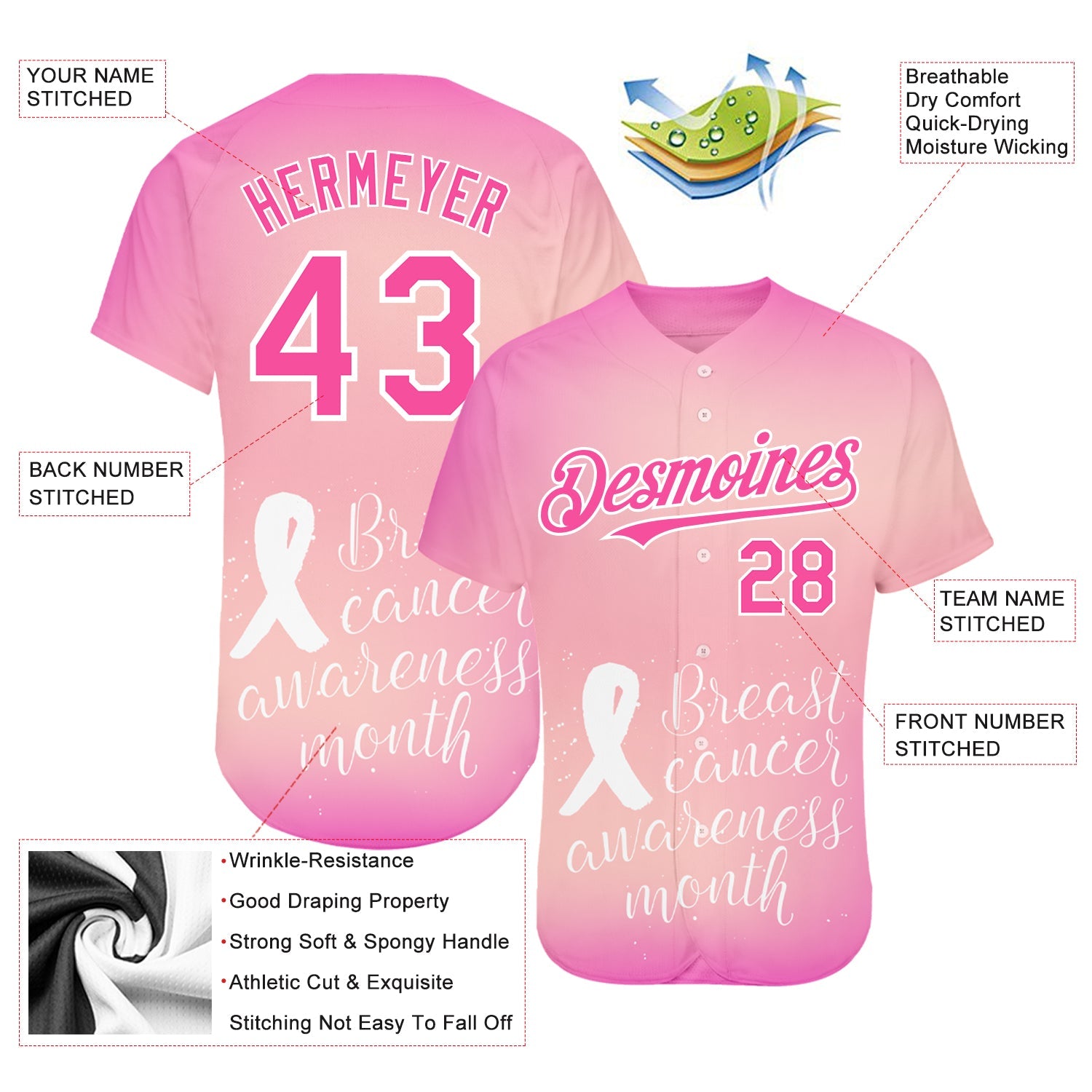 Custom Pink White 3D Pink Ribbon Breast Cancer Awareness Month Women Health Care Support Authentic Baseball Jersey view 3