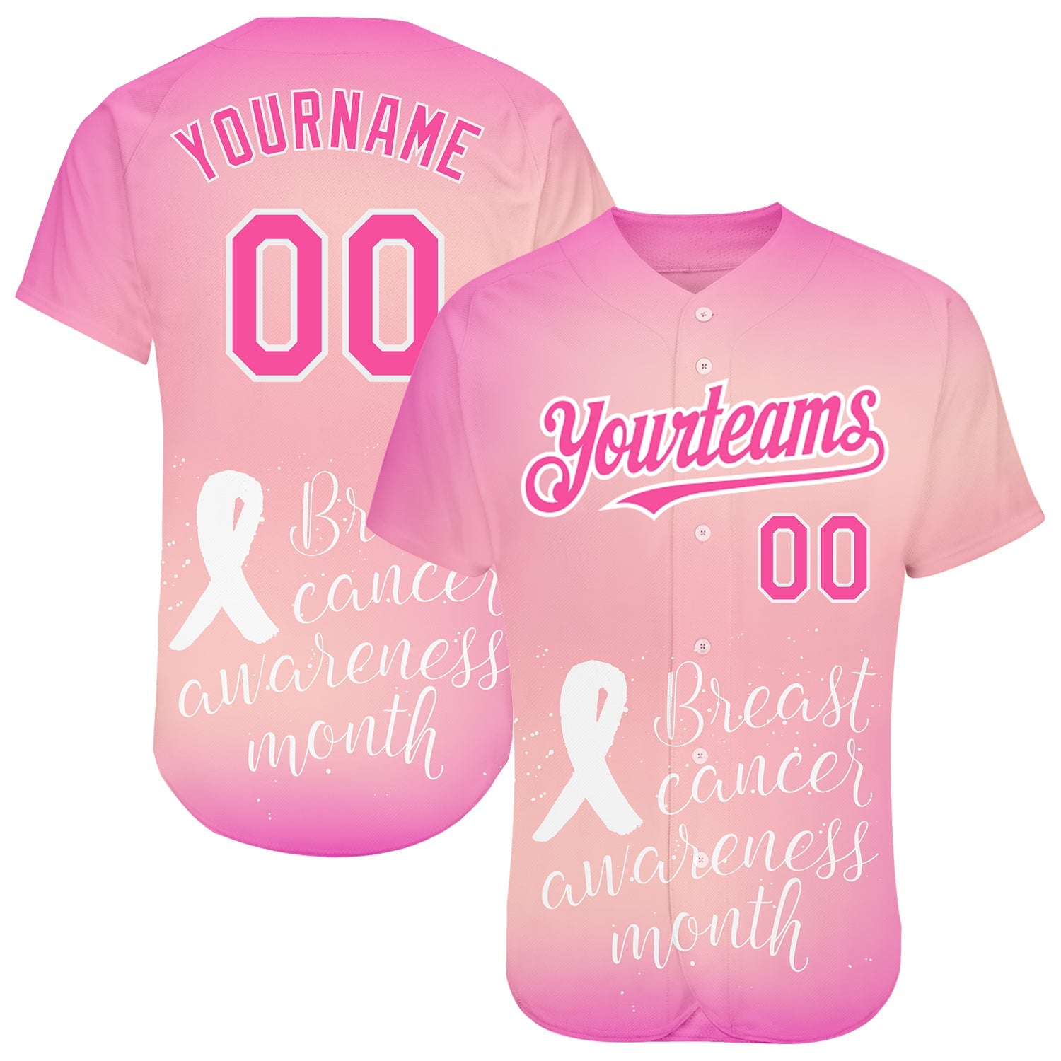 Custom Pink White 3D Pink Ribbon Breast Cancer Awareness Month Women Health Care Support Authentic Baseball Jersey - Main View