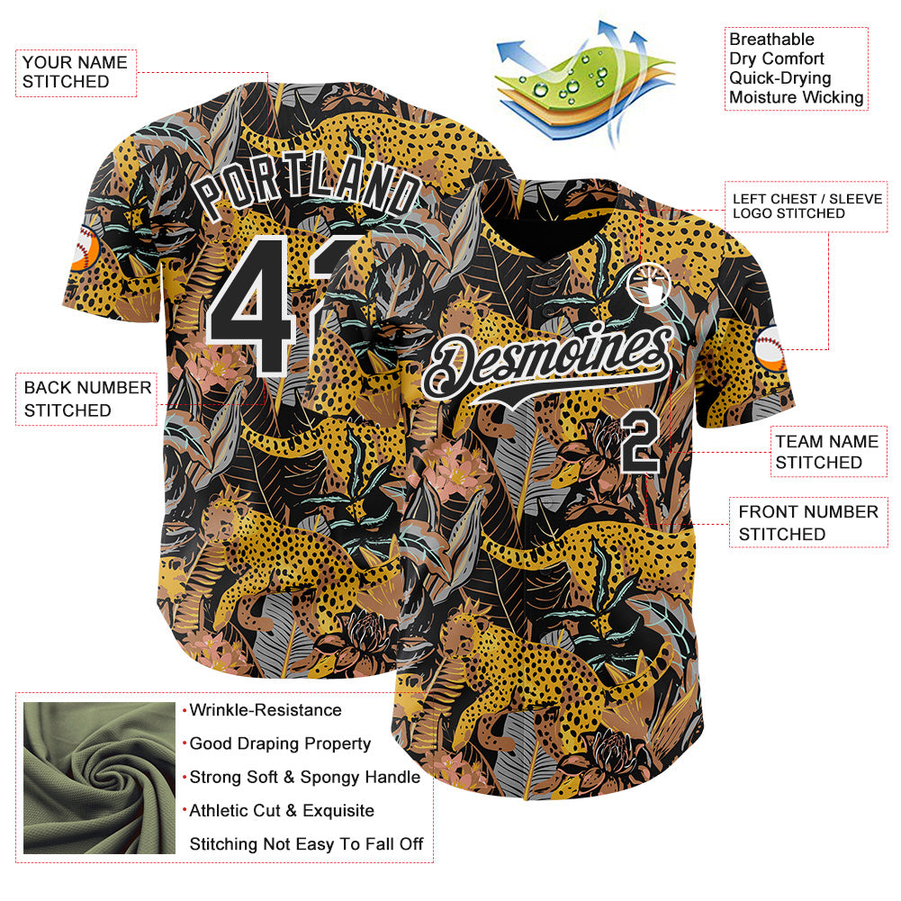 Custom Black-White Leopard Print Tropical Jungle Authentic Baseball Jersey view 3