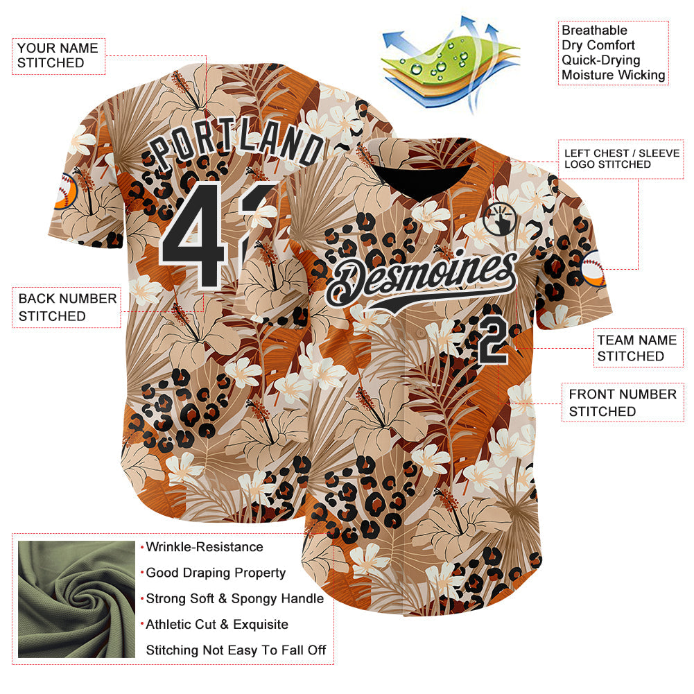 Custom Brown Black-White Leopard Print Tropical Jungle Authentic Baseball Jersey view 3