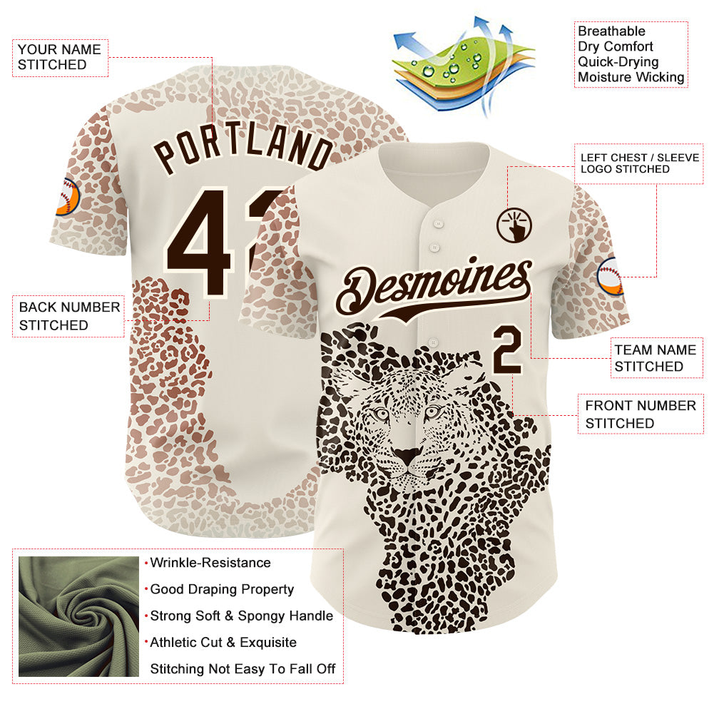 Custom Cream-Brown Leopard Print Authentic Baseball Jersey view 3