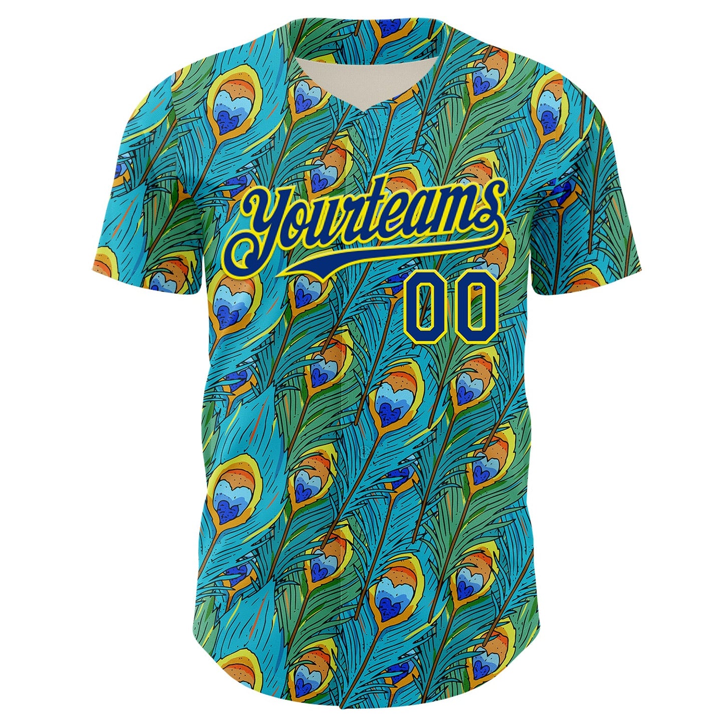Custom Blue Royal Green-Light Yellow Peacock Feather Print Authentic Baseball Jersey view 2