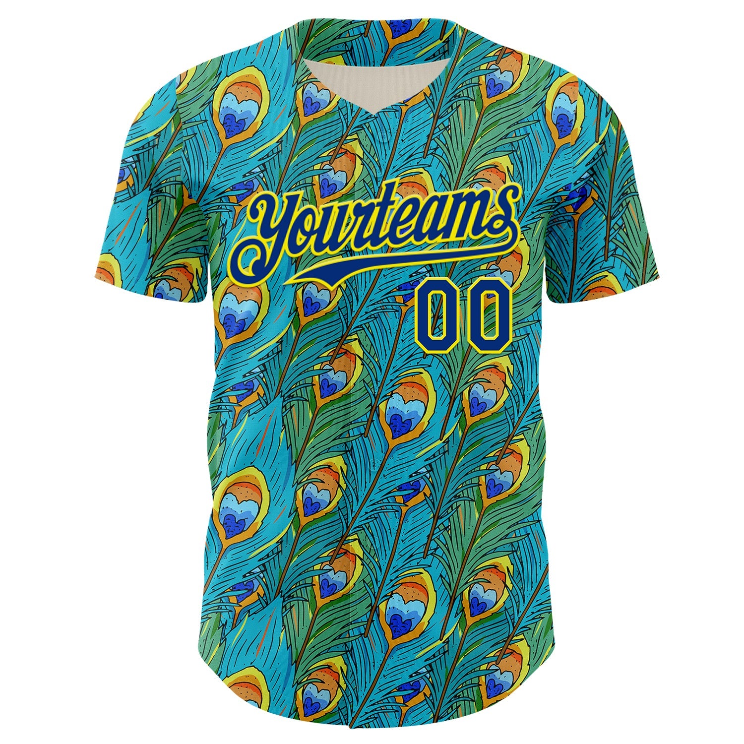 Custom Blue Royal Green-Light Yellow Peacock Feather Print Authentic Baseball Jersey view 2