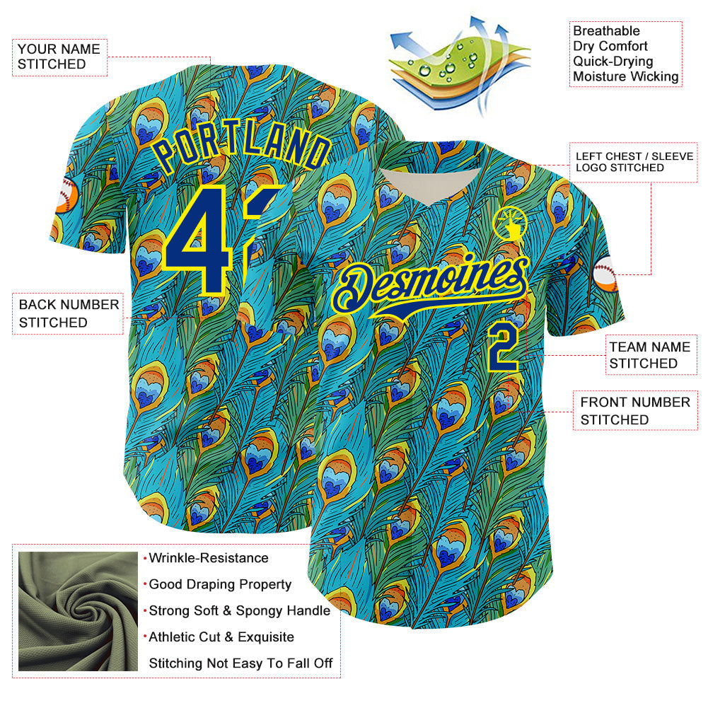 Custom Blue Royal Green-Light Yellow Peacock Feather Print Authentic Baseball Jersey view 3