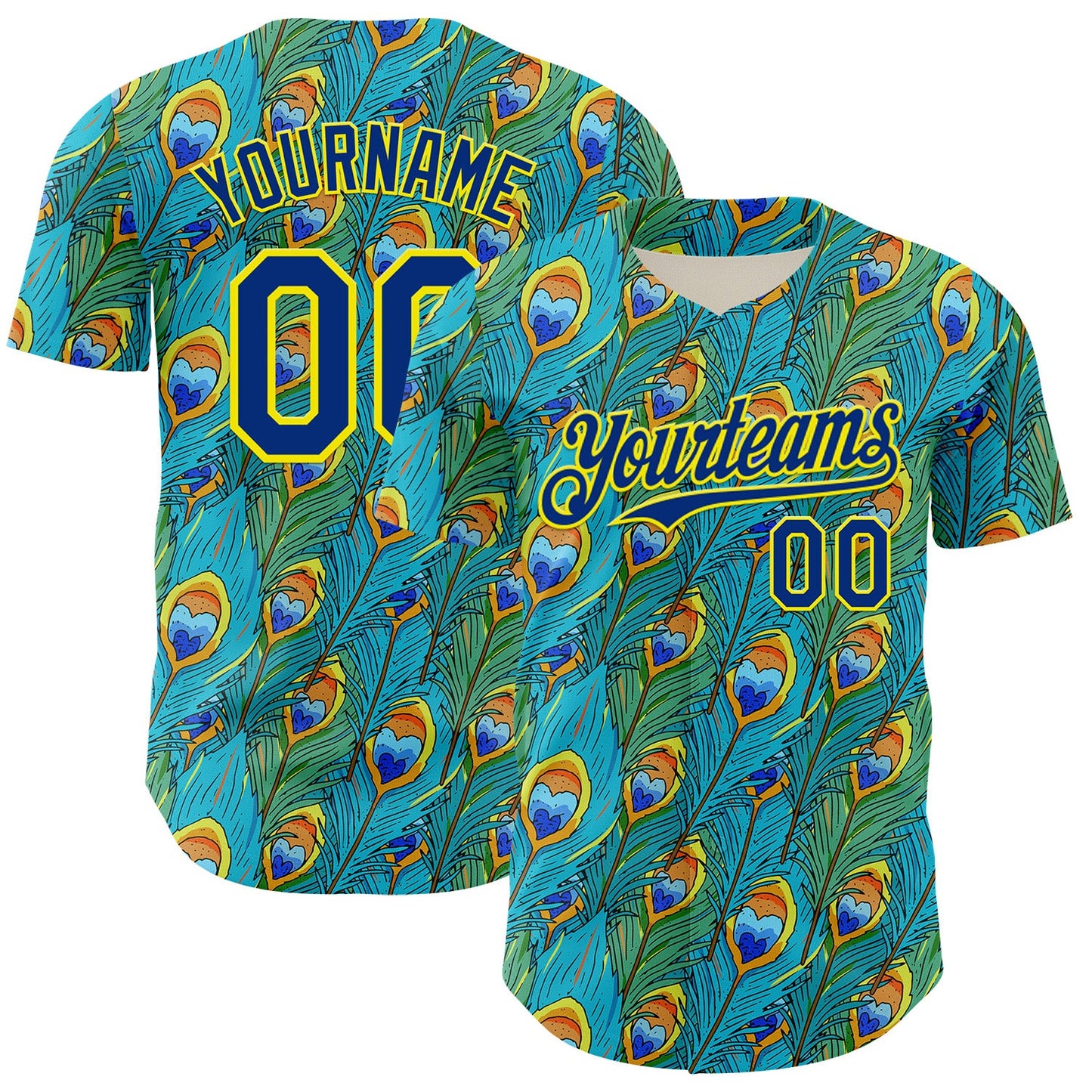 Custom Blue Royal Green-Light Yellow Peacock Feather Print Authentic Baseball Jersey - Main View