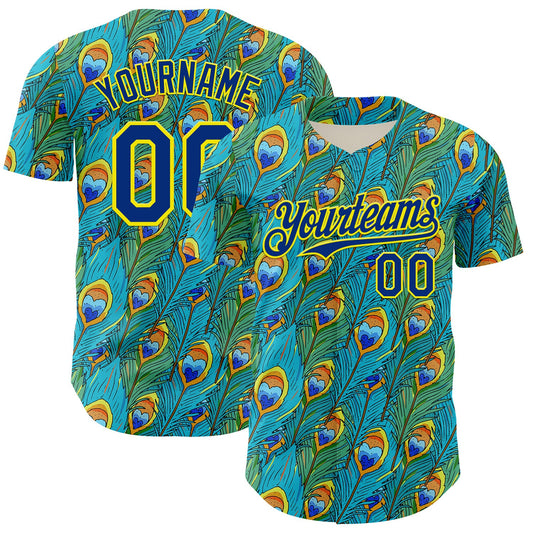 Custom Blue Royal Green-Light Yellow Peacock Feather Print Authentic Baseball Jersey - Main View