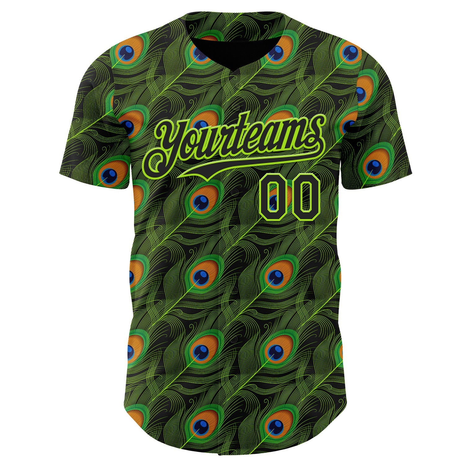 Custom Black-Neon Green Peacock Feather Print Authentic Baseball Jersey view 2
