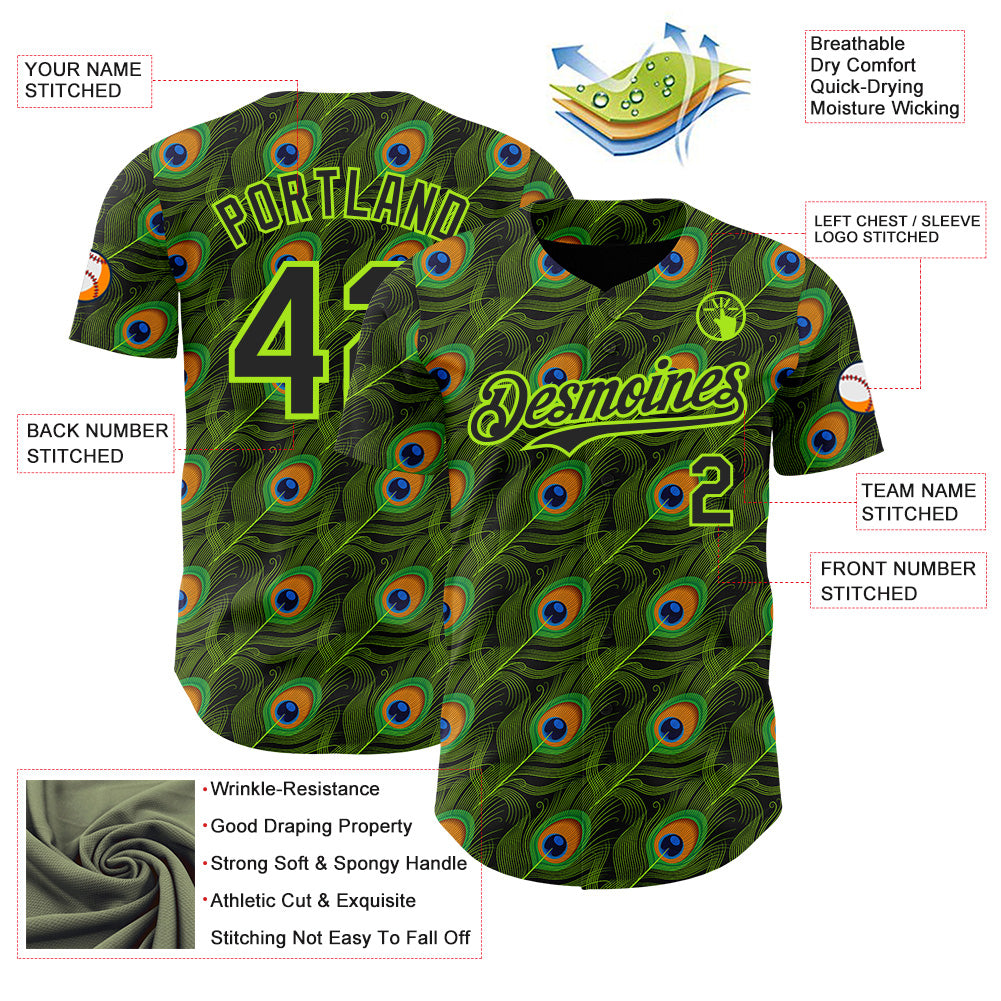 Custom Black-Neon Green Peacock Feather Print Authentic Baseball Jersey view 3