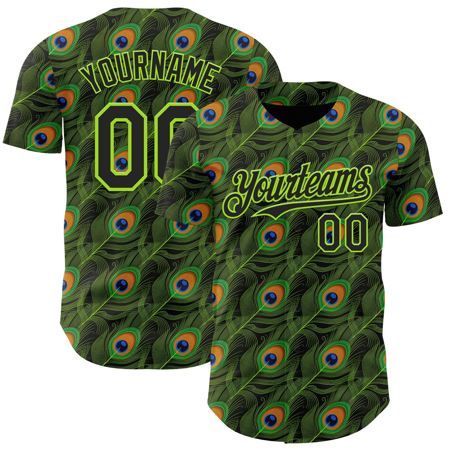Custom Black-Neon Green Peacock Feather Print Authentic Baseball Jersey - Main View