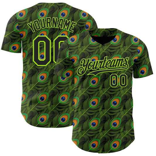 Custom Black-Neon Green Peacock Feather Print Authentic Baseball Jersey - Main View