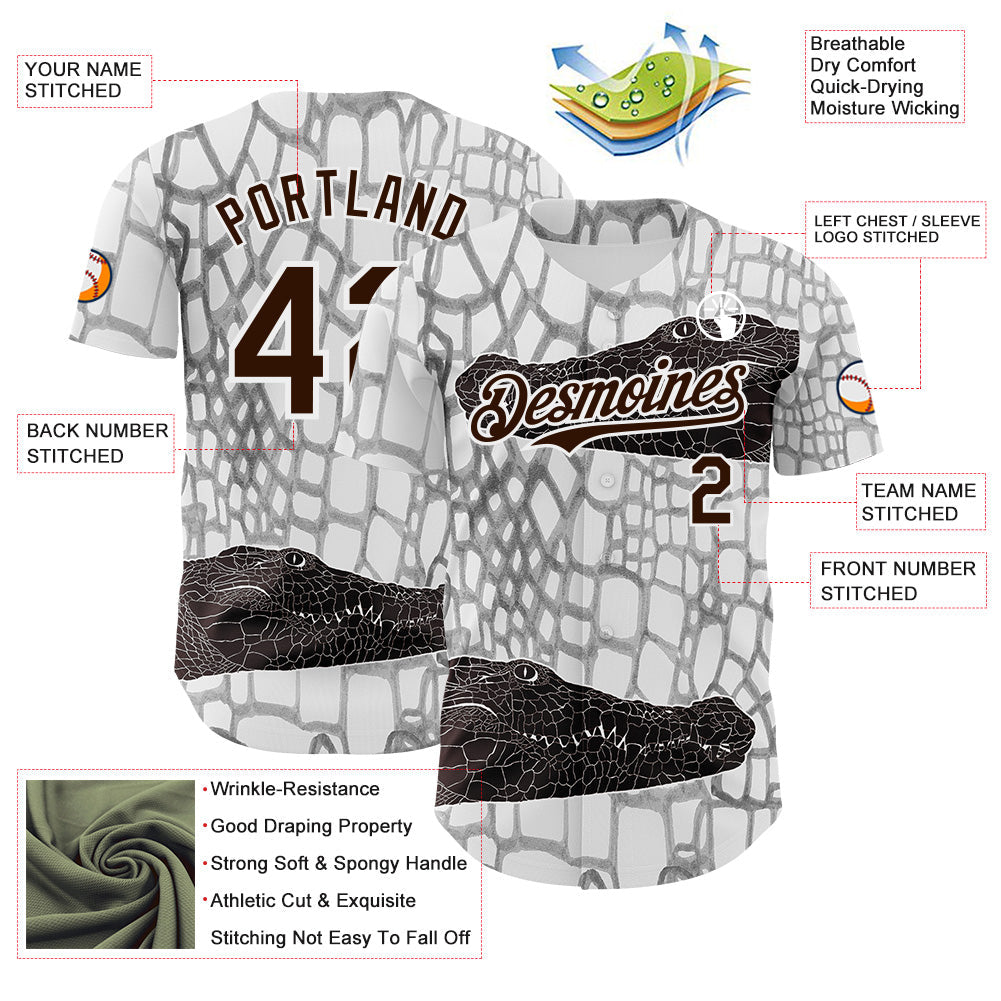 Custom White Brown-Gray Crocodile Skin Authentic Baseball Jersey view 3