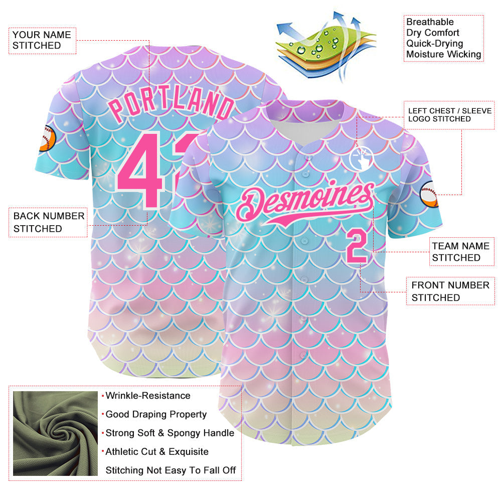 Custom Purple Pink Blue-White Mermaid Skin Authentic Baseball Jersey view 3