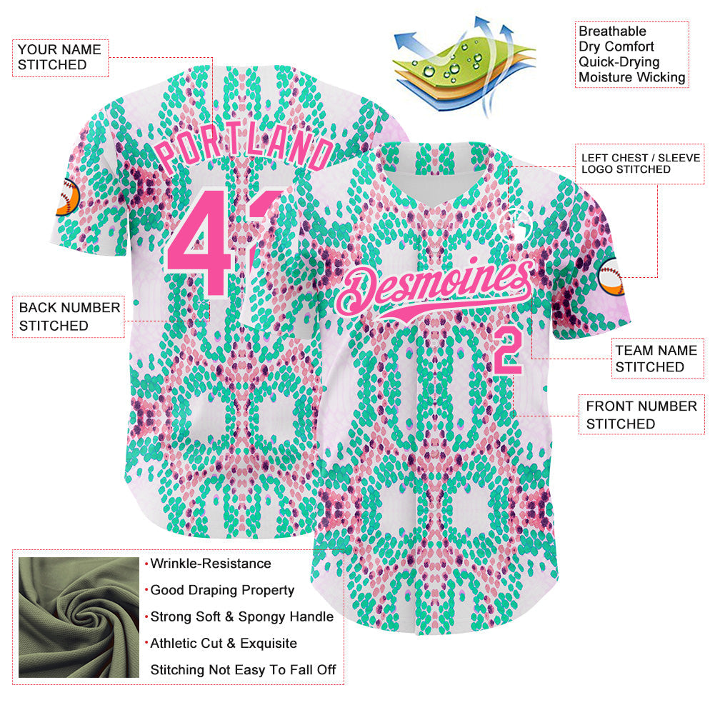Custom White Pink-Green Snake Skin Authentic Baseball Jersey view 3