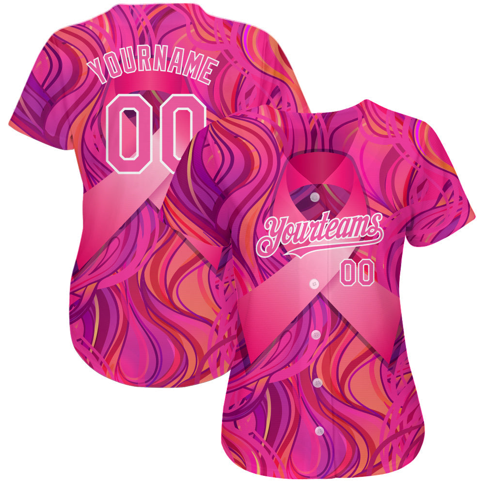 Custom Pink White 3D Pink Ribbon Breast Cancer Awareness Month Women Health Care Support Authentic Baseball Jersey view 2