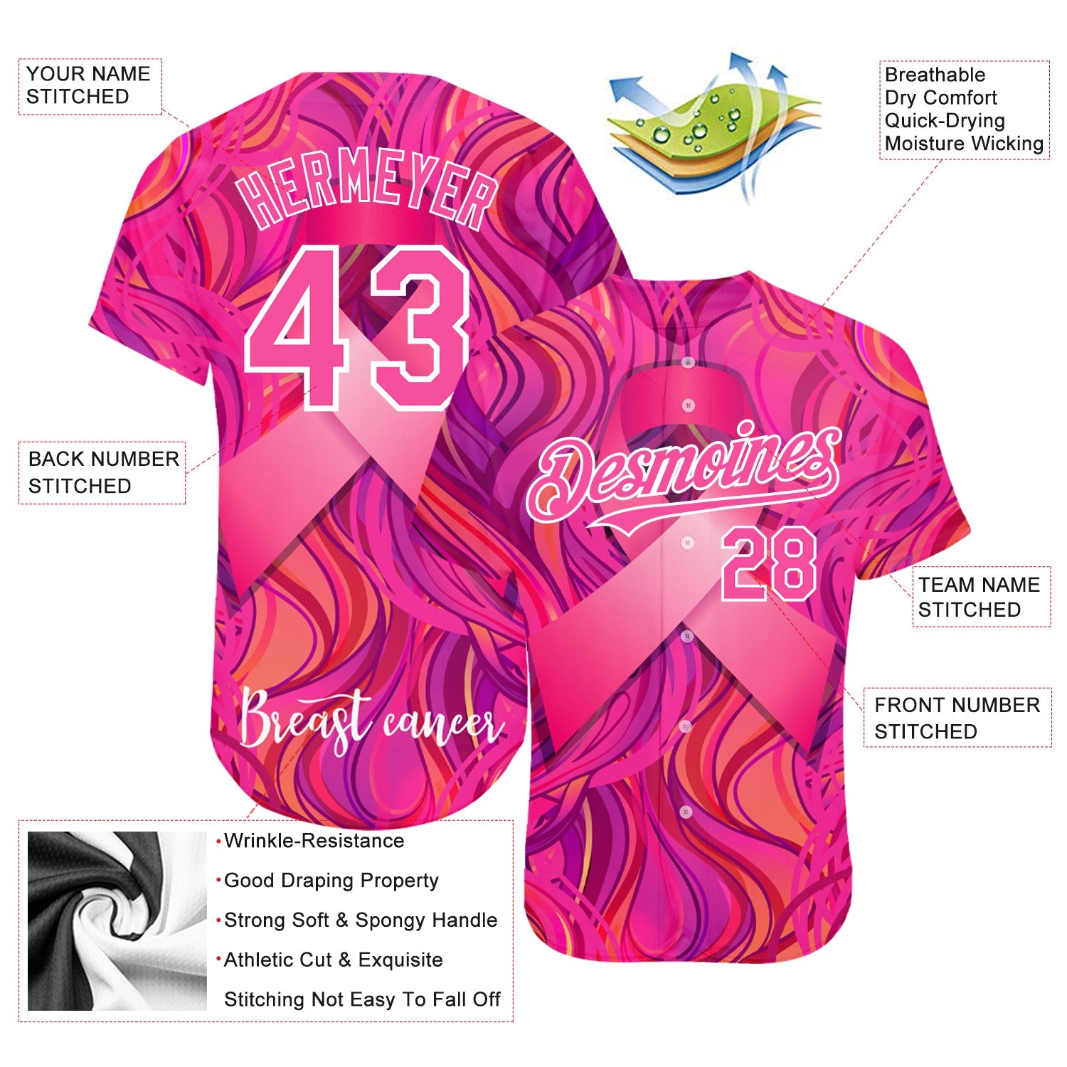 Custom Pink White 3D Pink Ribbon Breast Cancer Awareness Month Women Health Care Support Authentic Baseball Jersey view 3