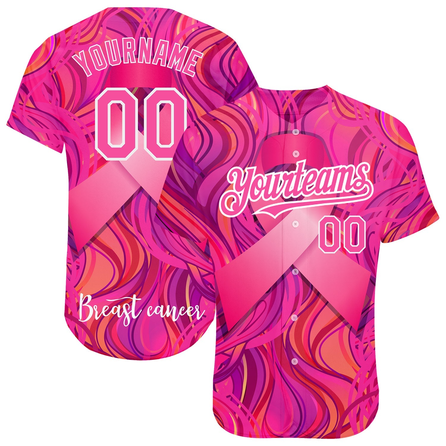 Custom Pink White 3D Pink Ribbon Breast Cancer Awareness Month Women Health Care Support Authentic Baseball Jersey - Main View