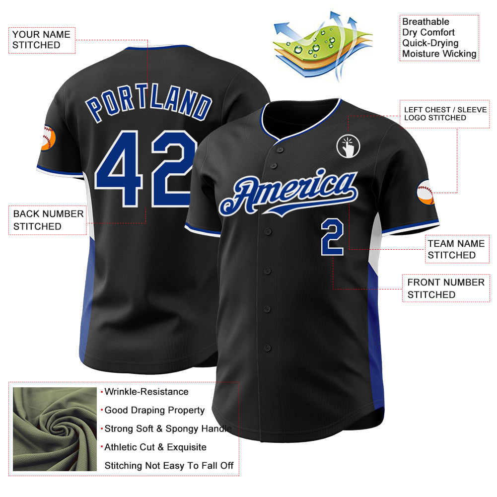 Custom Black Royal-White Classic Color Block Side Panel Stripe Authentic Baseball Jersey view 3