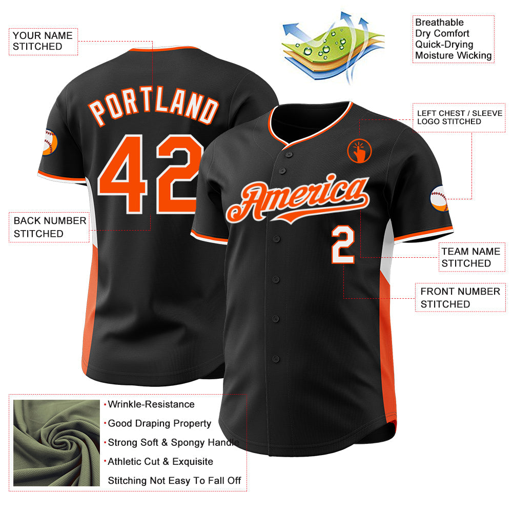Custom Black Orange-White Classic Color Block Side Panel Stripe Authentic Baseball Jersey view 3