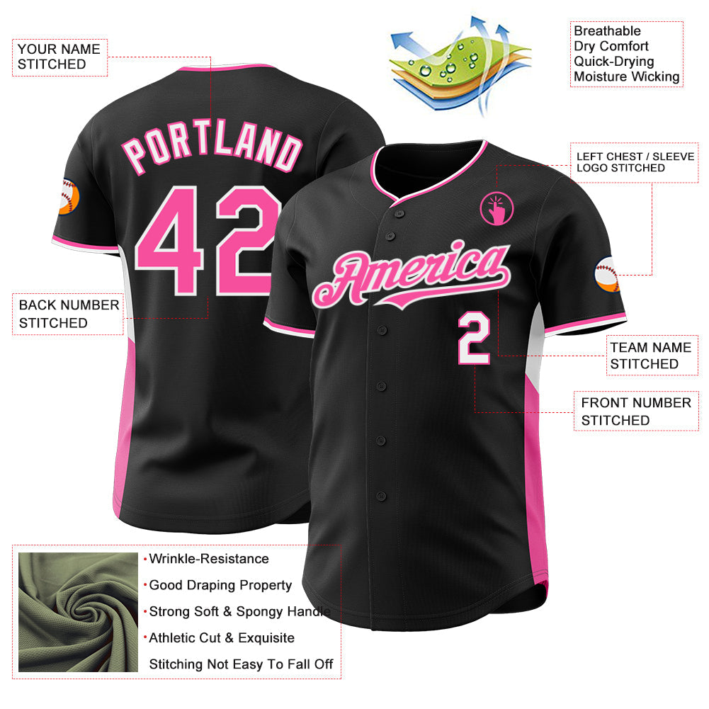 Custom Black Pink-White Classic Color Block Side Panel Stripe Authentic Baseball Jersey view 3
