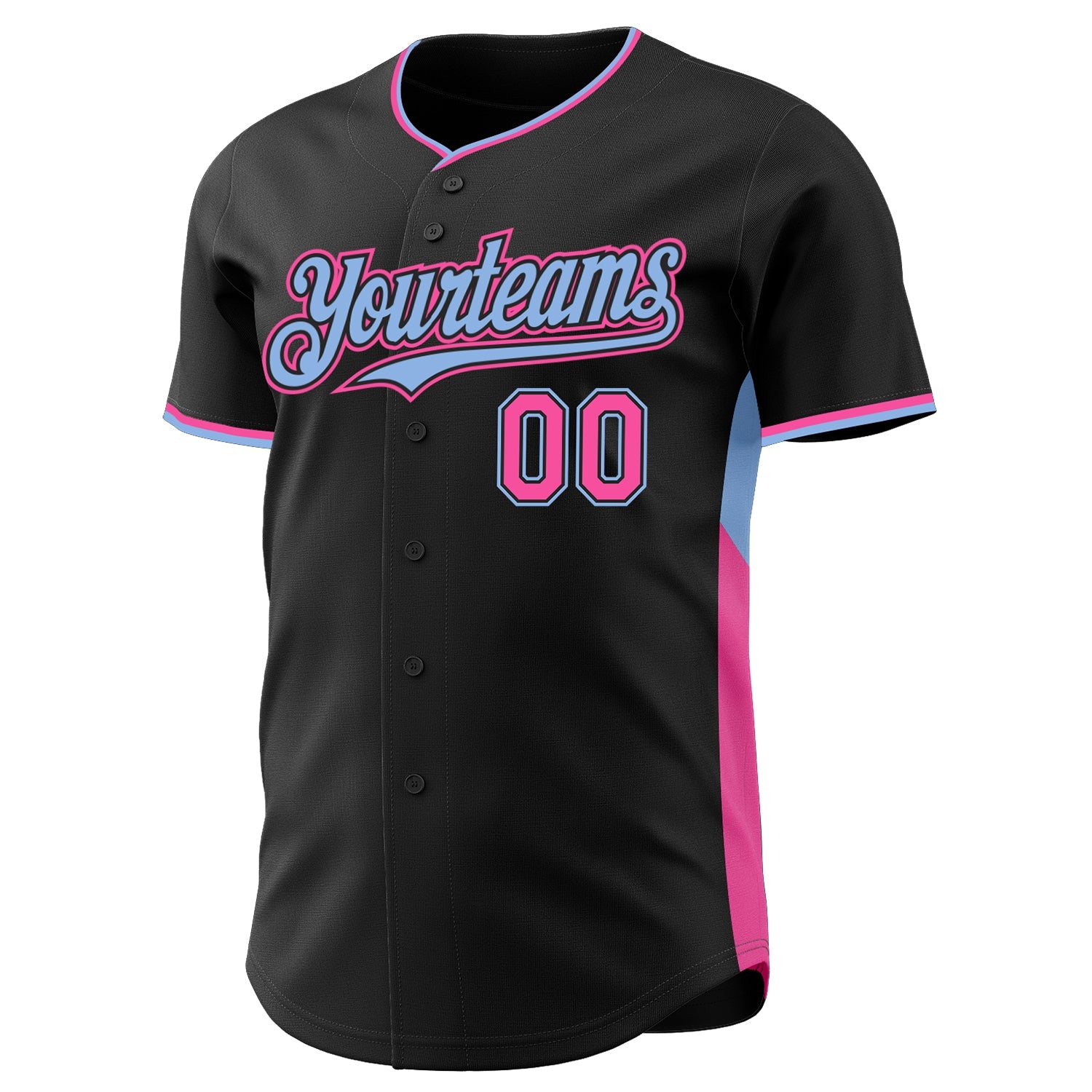 Custom Black Pink-Light Blue Classic Color Block Side Panel Stripe Authentic Baseball Jersey view 2