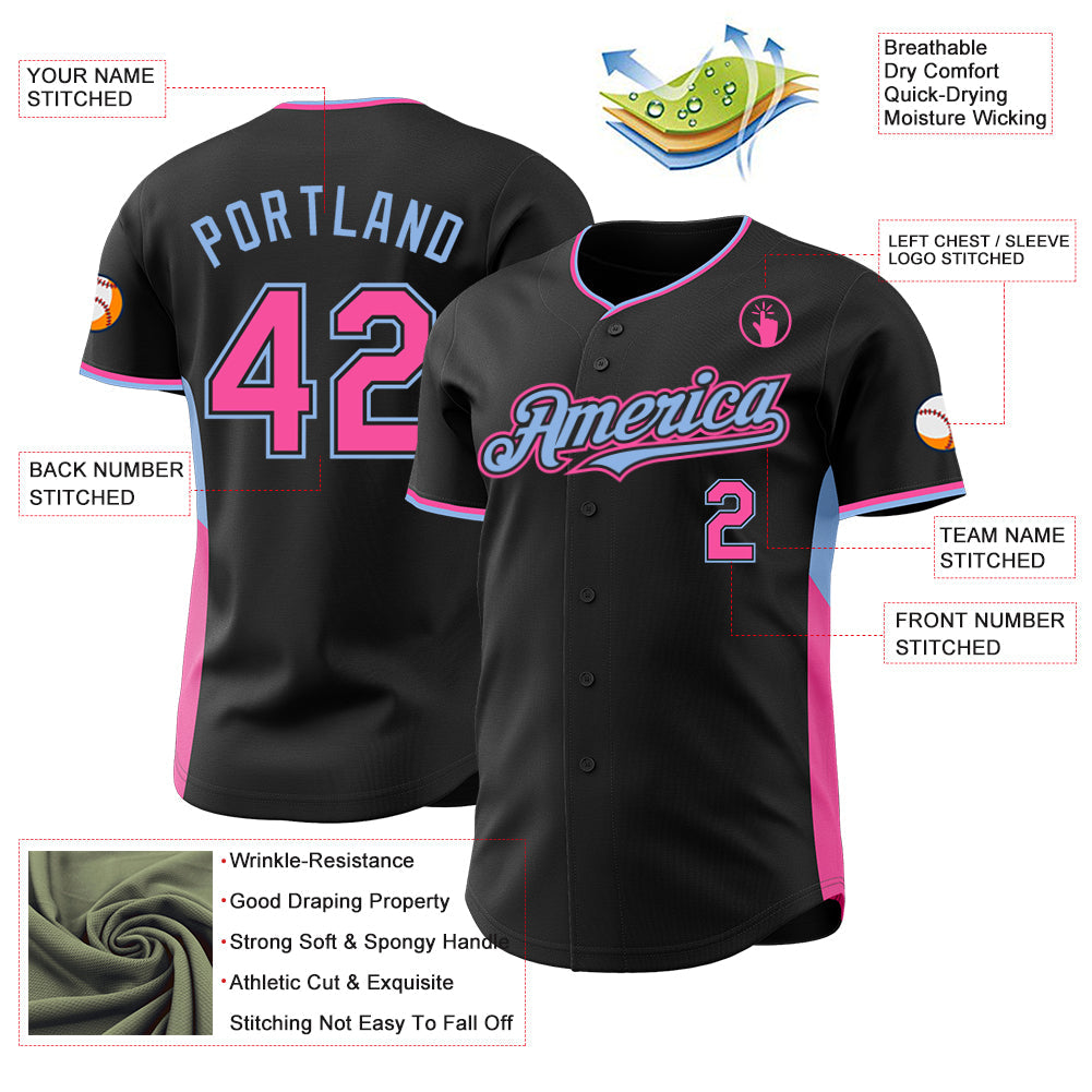Custom Black Pink-Light Blue Classic Color Block Side Panel Stripe Authentic Baseball Jersey view 3