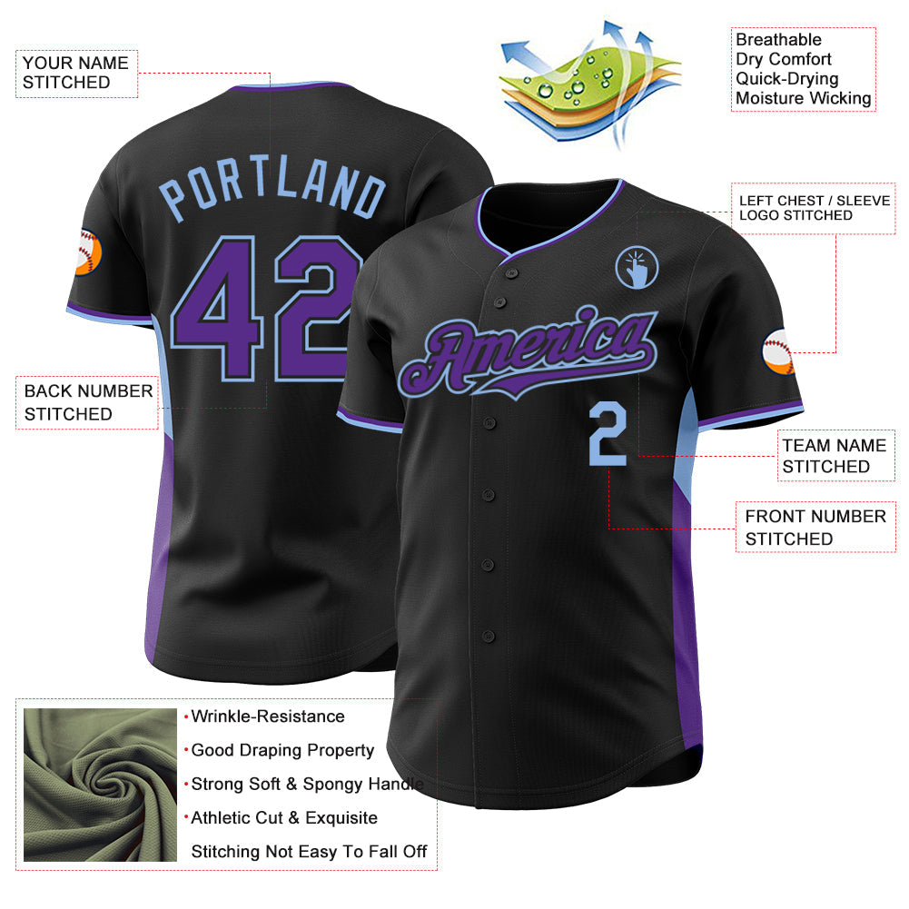 Custom Black Purple-Light Blue Classic Color Block Side Panel Stripe Authentic Baseball Jersey view 3