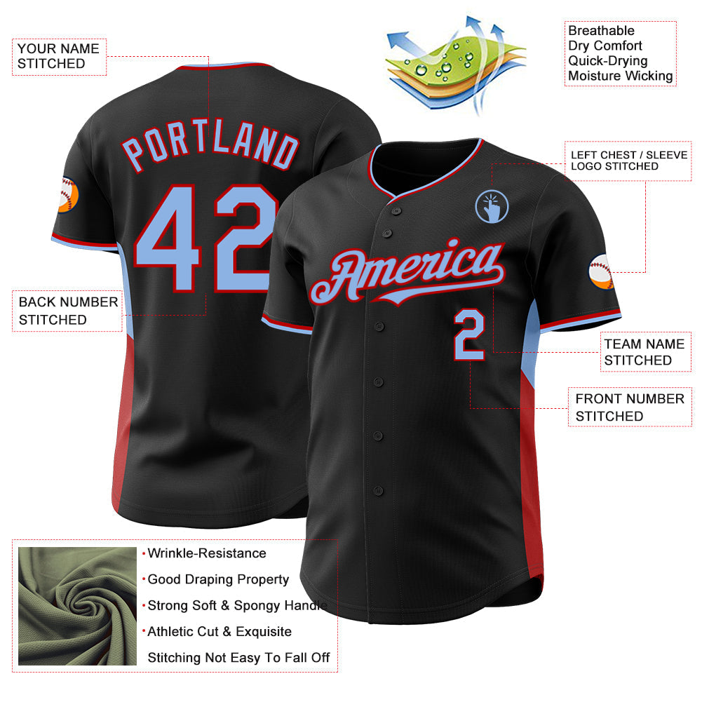 Custom Black Light Blue-Red Classic Color Block Side Panel Stripe Authentic Baseball Jersey view 3