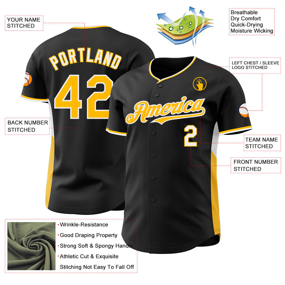 Custom Black Gold-White Classic Color Block Side Panel Stripe Authentic Baseball Jersey view 3