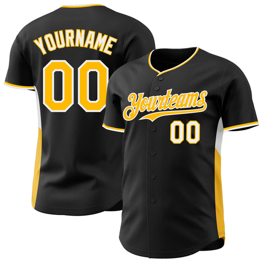Custom Black Gold-White Classic Color Block Side Panel Stripe Authentic Baseball Jersey - Main View